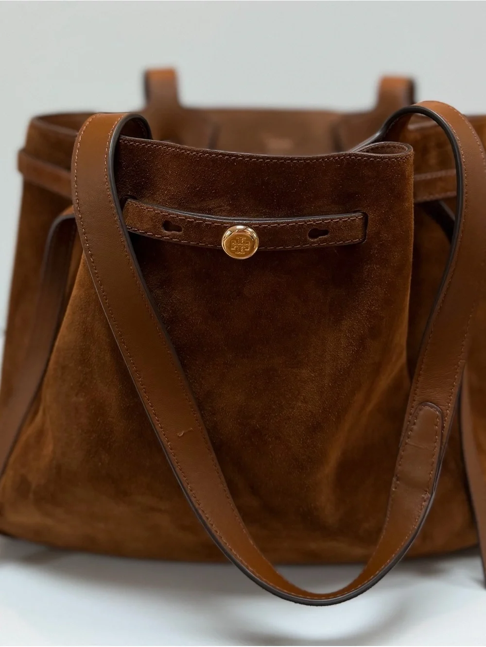 Tory Burch Romy Suede Tote in Caramel - Picture 1 of 5